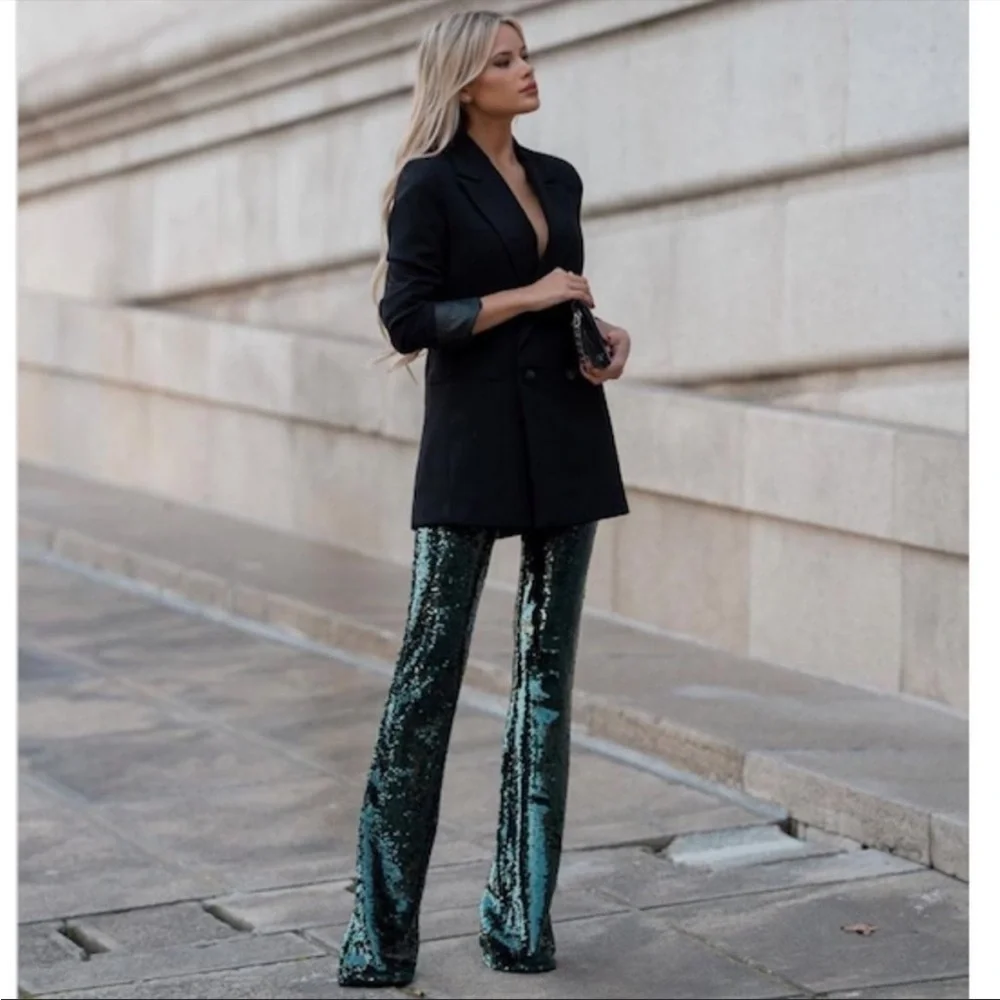 ZARA NWT BLOGGER FAVE Emerald Green Sequin Flare Leg Pants Holiday Party Pants - Picture 8 of 17